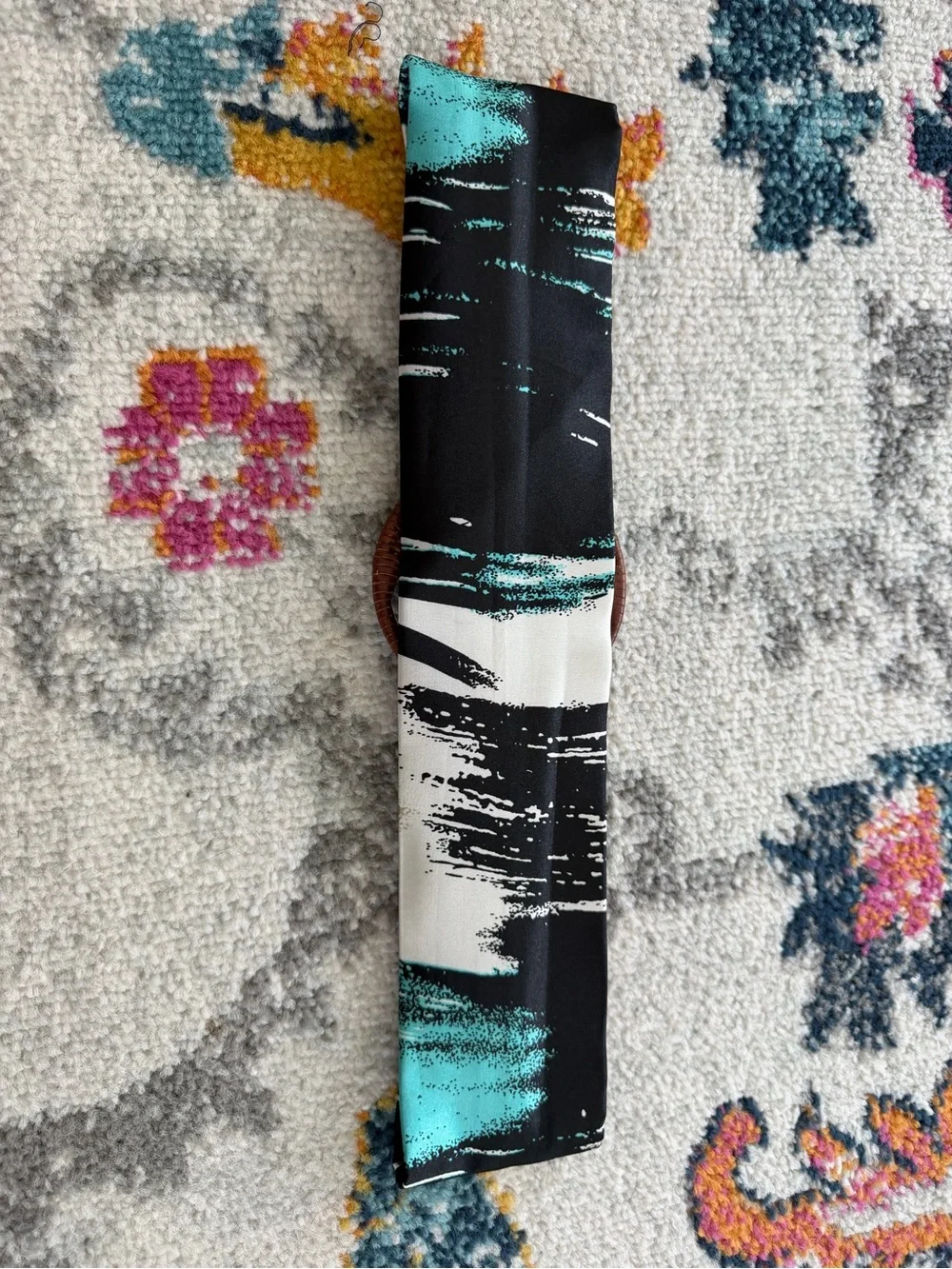 Anthropologie Fluidity Brown Leather and Abstract Fabric Blue Patterned Belt